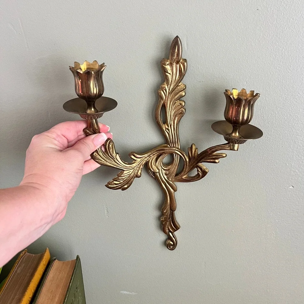 Vintage Brass Rococo Wall Candle Sconces Pair 2 Arm Acanthus Hollywood Regency